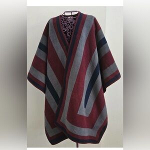 WOOLRICH Women Blanket Wrap Poncho Reversible Stripe Solid Southwestern/Bungudy